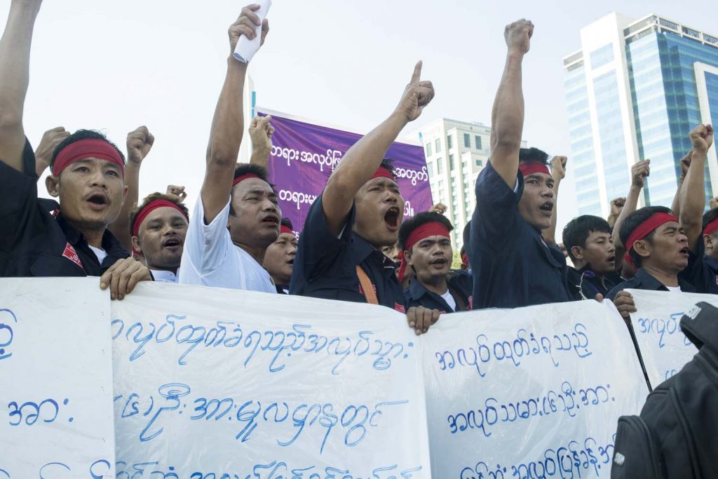 A labour demonstration in downtown Yangon in October 2019. (Nyein Su Wai Kyaw Soe | Frontier)