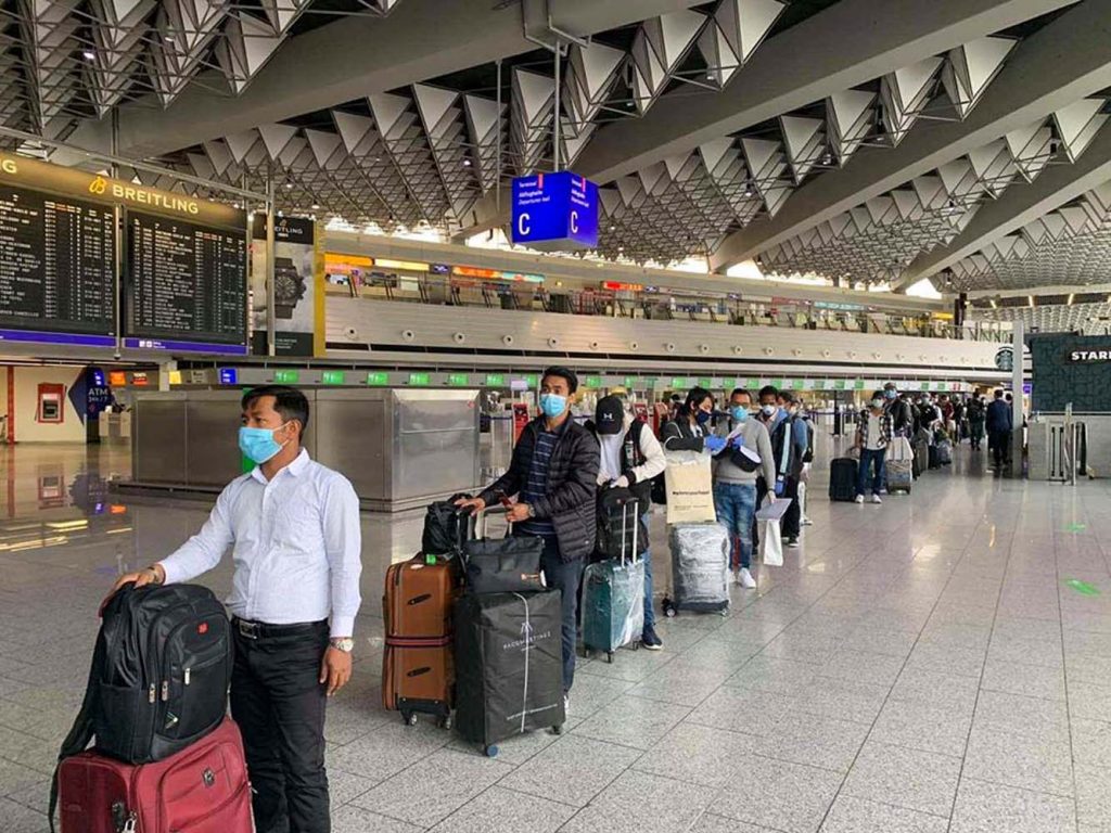 Myanmar seamen prepare to board a relief flight home in Germany's Frankfurt Airport on June 3. (Supplied)