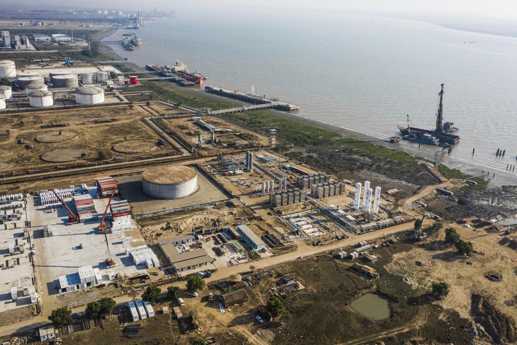 An aerial view of the Thilawa site on April 2, including the unfinished jetty that will be used to moor a floating storage unit into which tankers will offload liquefied natural gas. (Hkun Lat | Frontier)