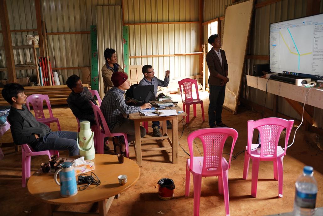 Mr Geoff Hodgson talks with representatives of local civil society organisations during a visit to Leshi in the Naga Self-Administered Zone to map customary lands for the OneMap Myanmar project. (Supplied)