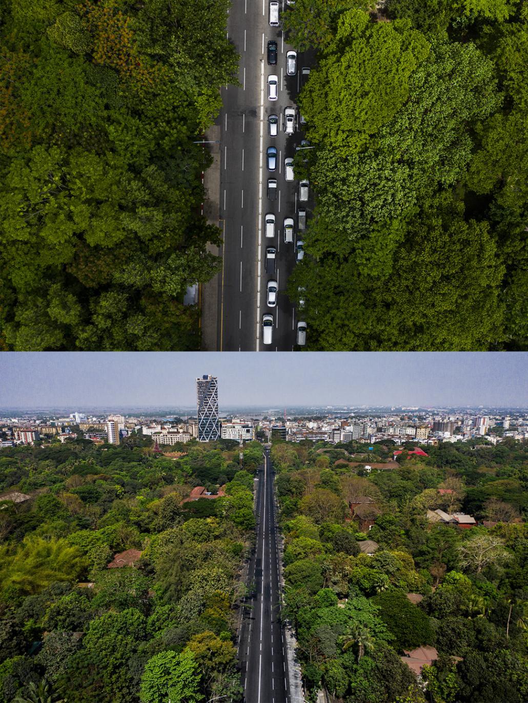 ဇွန် ၁၂ ရက်နှင့် ဧပြီ ၁၃ ရက်က ရန်ကုန်မြို့၊ ကမာရွတ်မြို့နယ်၊ တက္ကသိုလ်ရိပ်သာလမ်းကို တွေ့ရစဉ်။ ဓာတ်ပုံ - ခွန်လတ်