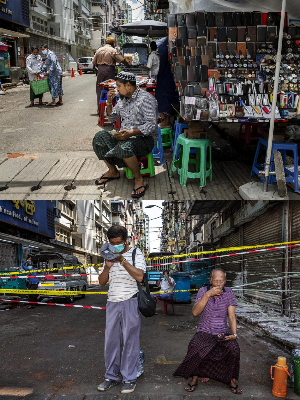 ဇွန် ၁၀ ရက်နှင့် ဧပြီ ၂၁ ရက်က ရန်ကုန်မြို့၊ ပန်းဘဲတန်းမြို့နယ်မှ လမ်းသွယ်ကို အသွားအလာကန့်သတ်ထားစဉ်က တွေ့ရစဉ်။ ဓာတ်ပုံ - ခွန်လတ်