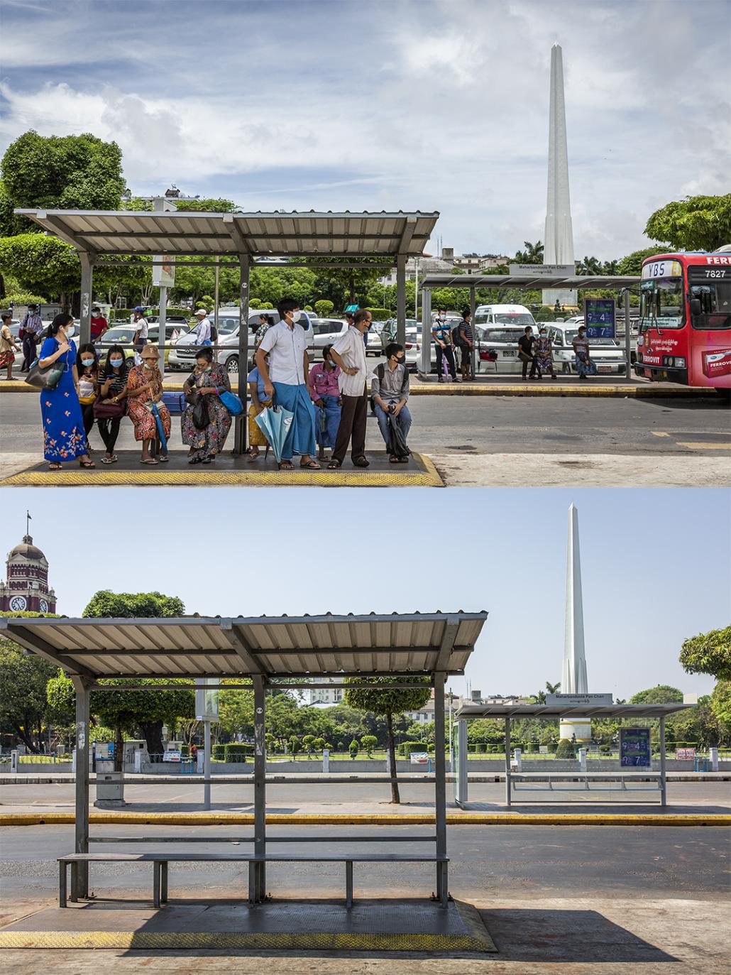 A bus stop on Mahabandoola Road in downtown Yangon, with Mahabandoola Park in the background, on June 10 and April 12. (Hkun Lat | Frontier)