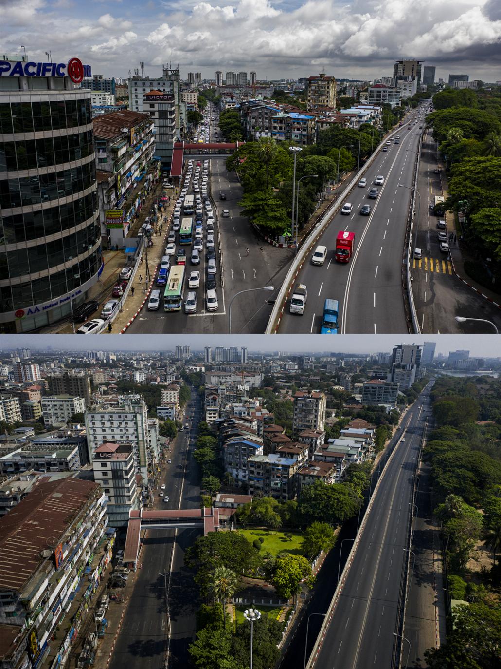 Insein Road and the Pyay Road flyover at Hledan Junction in Kamaryut Township on June 12 and April 13. (Hkun Lat | Frontier)