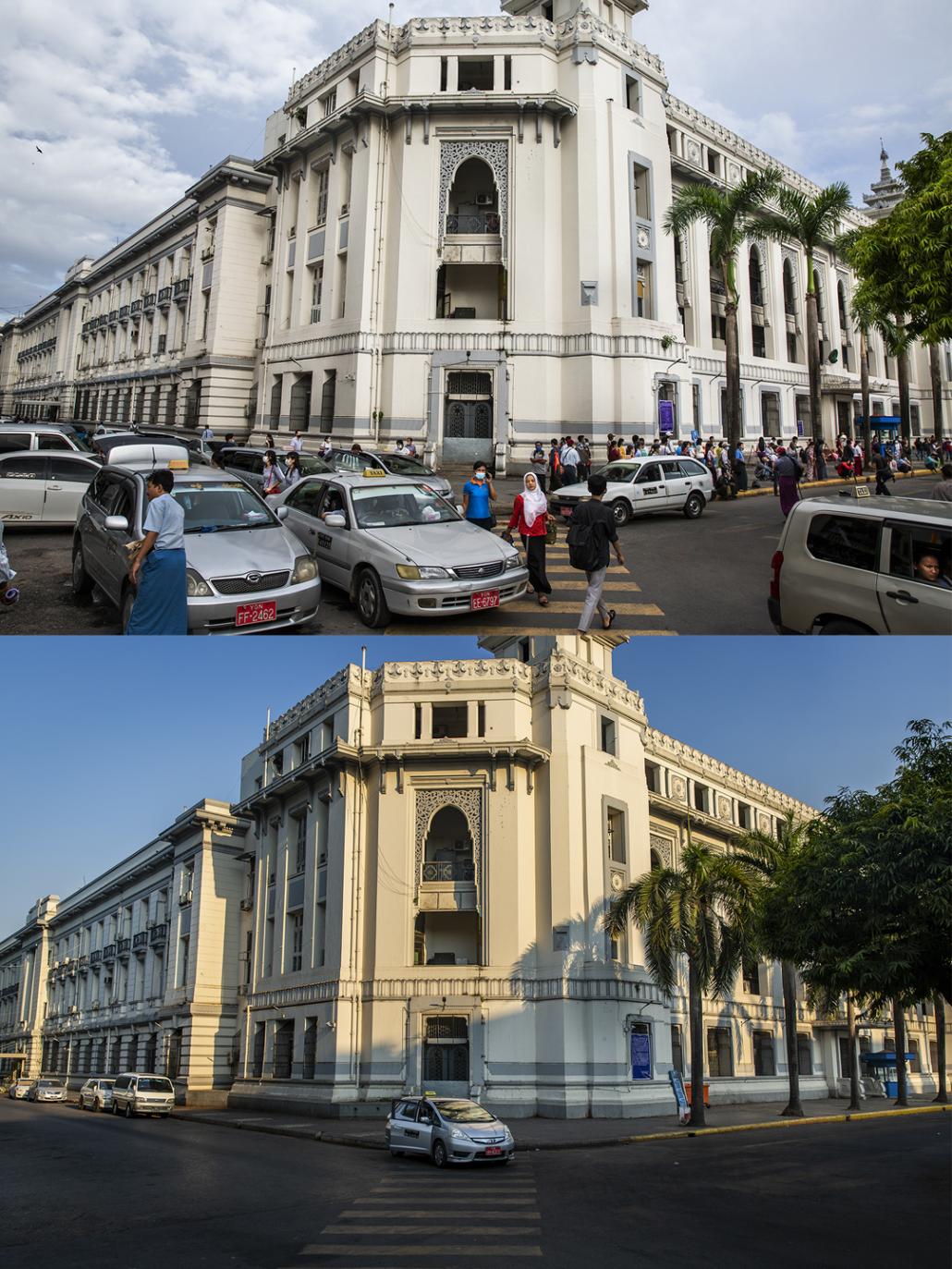 An empty sidewalk of Yangon City Hall in Sule Pagoda road, downtown Yangon on June 12 and April 12. (Hkun Lat I Frontier)(Hkun Lat | Frontier)