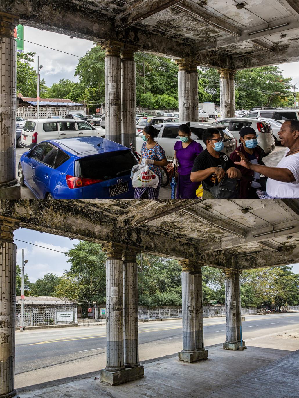 Bogyoke Aung San Road seen from the sidewalk near Waziya Cinema in downtown Yangon on June 1 and April 11. (Hkun Lat | Frontier)