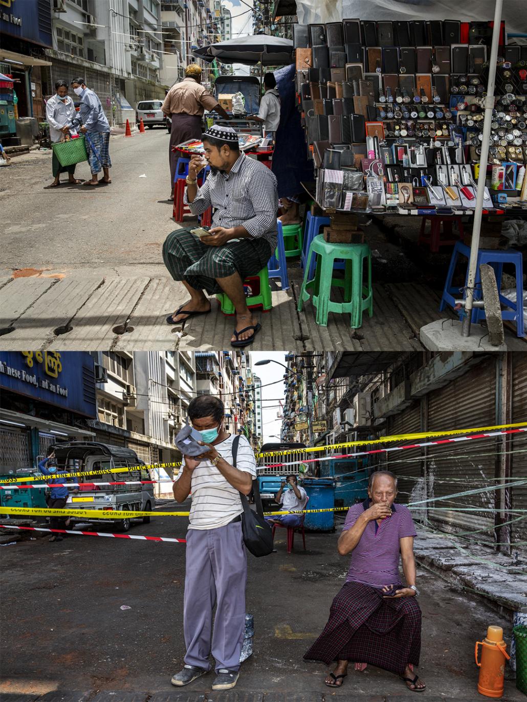 A narrow residential street in downtown Yangon's Pabedan Township on June 10 and April 21, when it was under lockdown. (Hkun Lat | Frontier) 