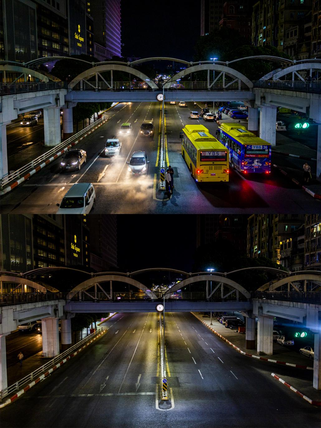 The junction of Sule Pagoda and Anawrahta roads in downtown Yangon on June 13 and April 11. (Hkun Lat | Frontier)