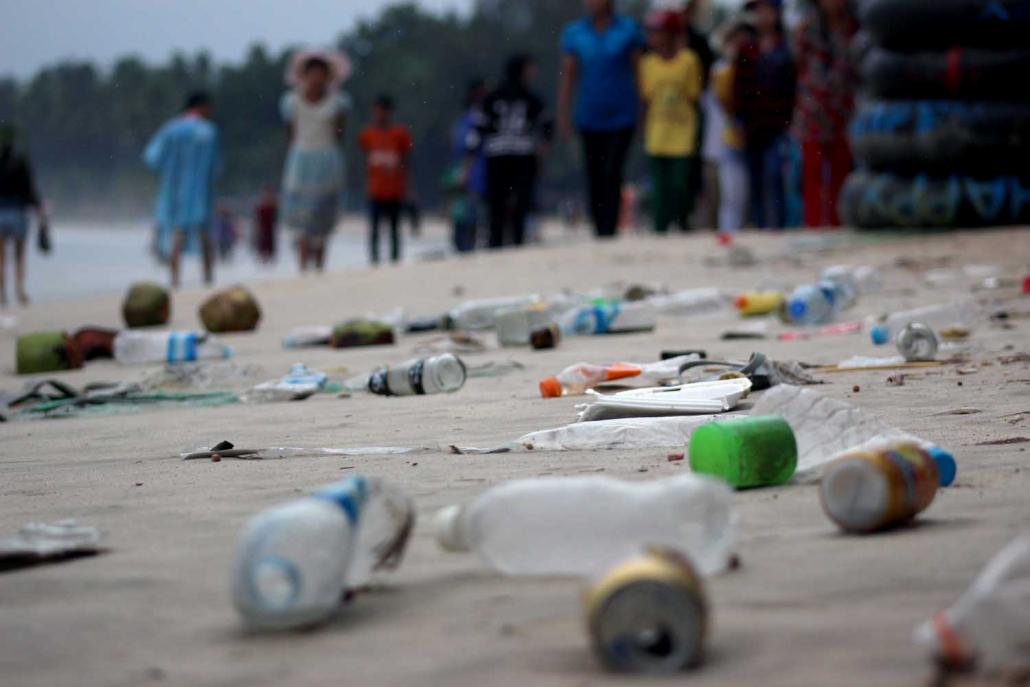 Litter covers the beach at Chaung Tha in Ayeyarwady Region during this year's water festival holiday. (Kyawzayar Htun | Supplied)