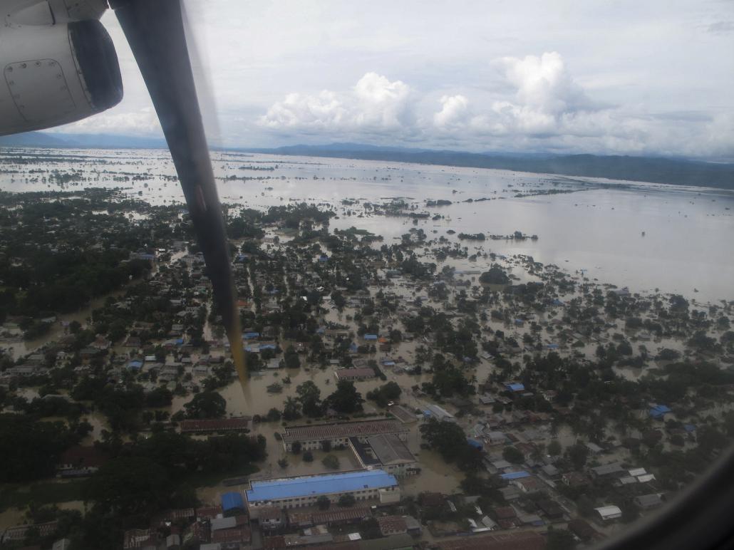 An aerial view of flooding in Myanmar in August 2015. (Mratt Kyaw Thu / Frontier)