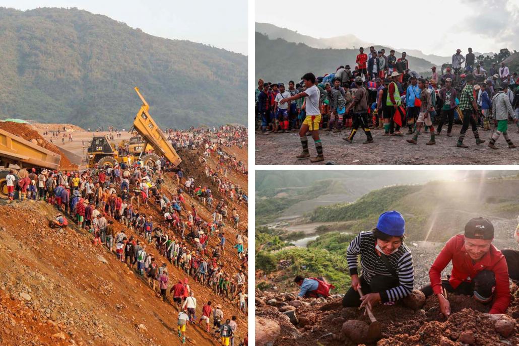 Women and men search for valuable stones in mining waste at the Hwekha jade mines in Hpakant. (Nyein Su Wai Kyaw Soe | Frontier)