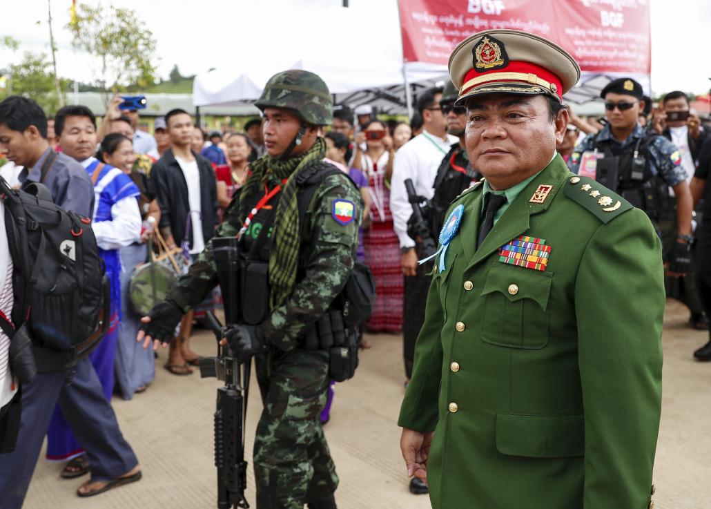 Colonel Saw Chit Thu, head of the Kayin State Border Guard Force, at a ceremony to mark the group's 10th anniversary in August 2019. (Nyein Su Wai Kyaw Soe | Frontier)