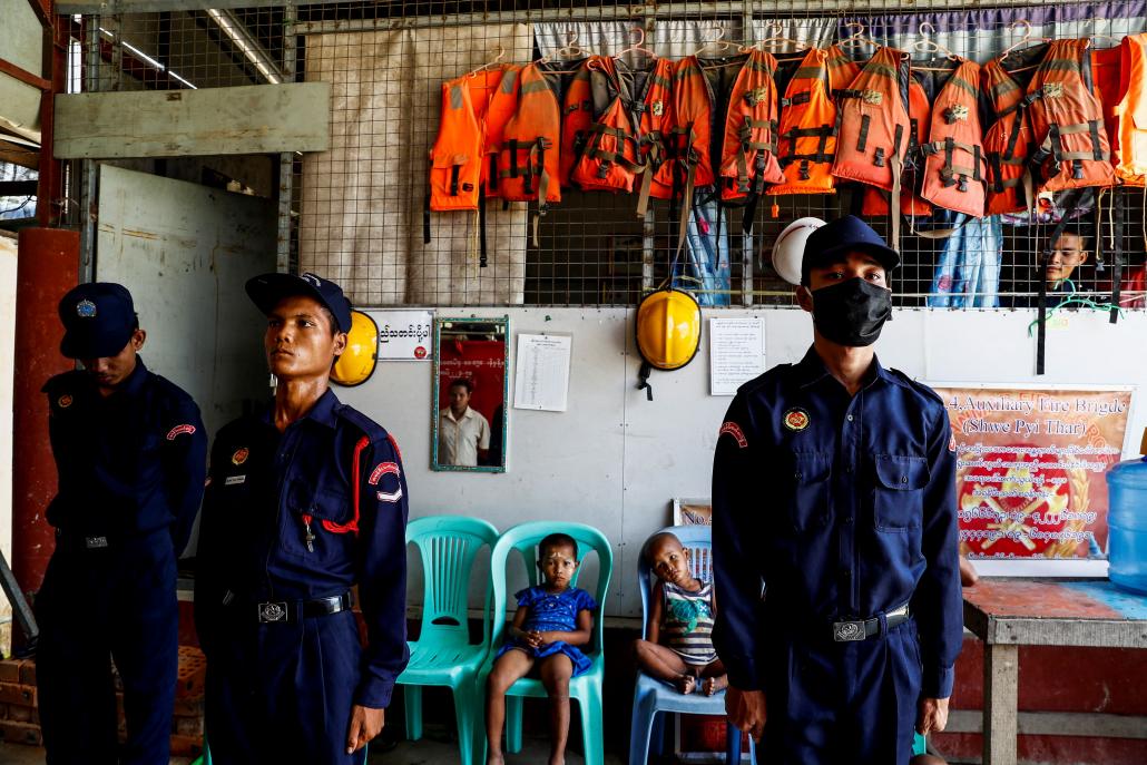 ​​​​Firefighters of the No 4 Shwepyithar Township volunteer brigade, seen on May 10. (Nyein Su Wai Kyaw Soe | Frontier)