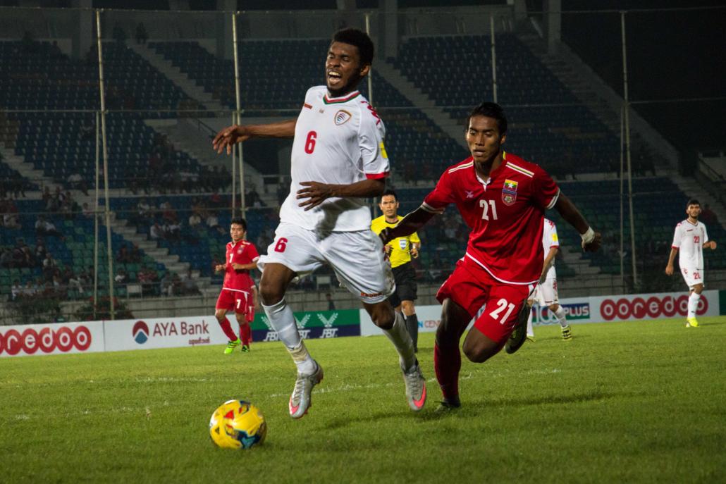 Myanmar play a friendly against Oman at Thuwunna Stadium in November 2016. Fans are hopeful that the men’s national team can soon end a 50-year absence from the Asian Cup. (Nyein Su Wai Kyaw Soe | Frontier)