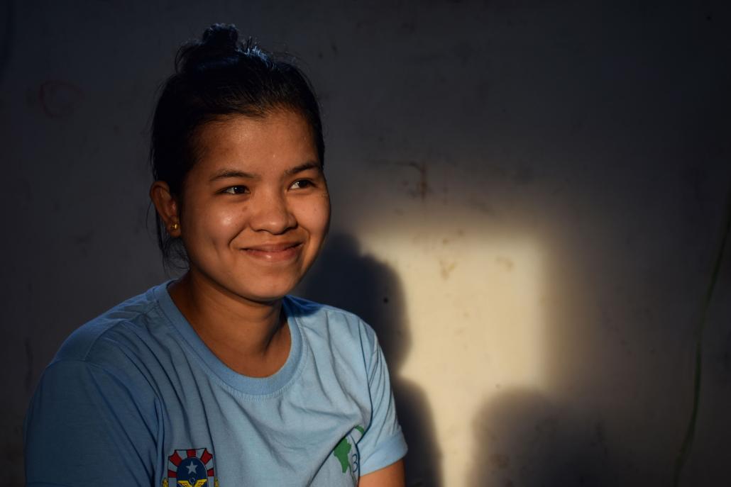 Ma Nwe Zin, member of the basic labour union at the Blue Diamond Bag factory, was told at the start of May that she couldn’t return to work unless she signed a pledge not to protest again. She refused. (Kyaw Lin Htoon | Frontier)