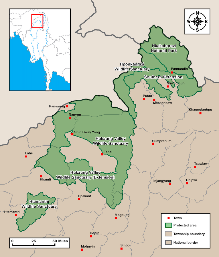 Protected areas, including a proposed southern extension to Hkakabo Razi National Park, in an area overlapping Kachin State and Sagaing Region. (WCS)