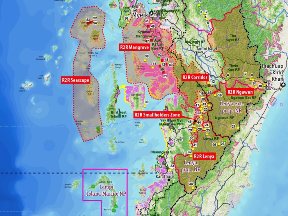 Ridge to Reef is a US$21 million conservation mega-project that seeks to transform 3.4 million acres, or 35 percent of Tanintharyi Region’s land cover, into conservation zones. (Project map)