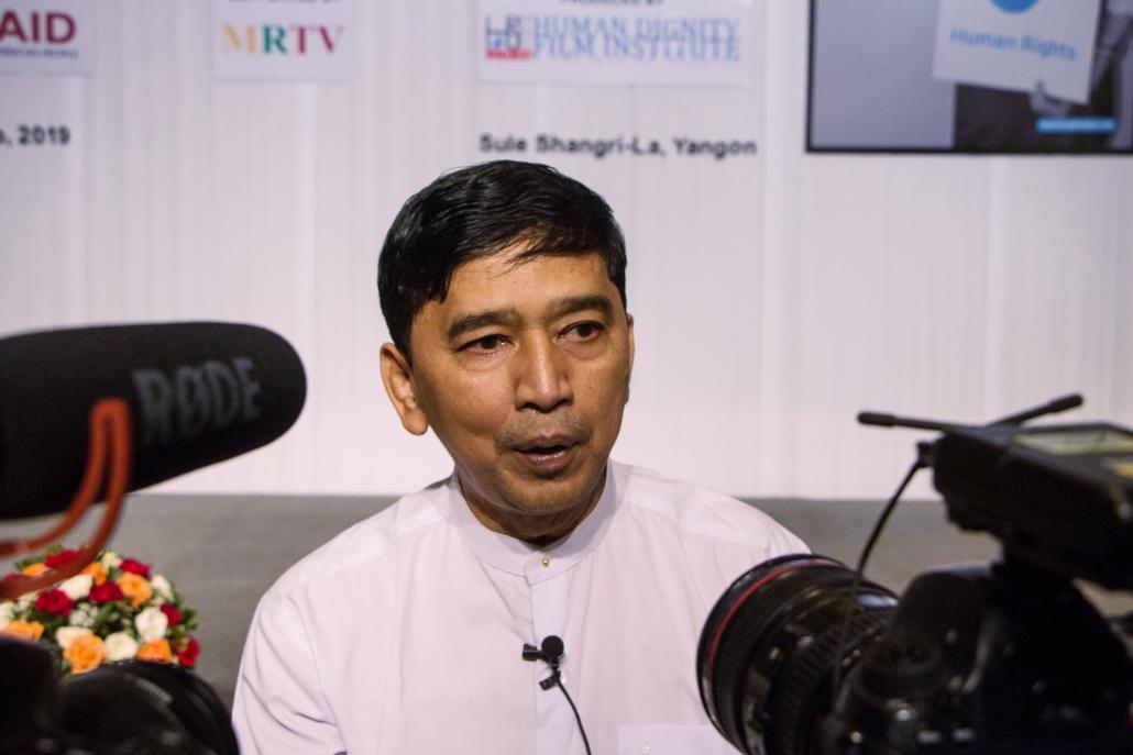 Min Ko Naing, a veteran democracy activist and friend of U Min Htin Ko Ko Gyi's, talks to reporters at a screening of 30 short films by the filmmaker in Yangon on June 4. (Thuya Zaw | Frontier)