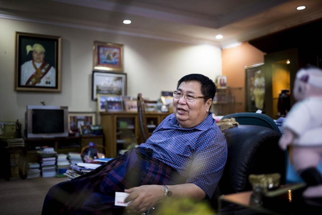 U Khin Shwe in his Yangon office. (Ann Wang / Frontier)