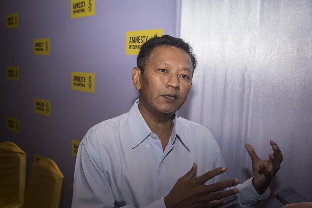 U Bo Kyi, joint secretary of the Assistance Association for Political Prisoners, speaks to the media in Yangon on Thursday. (Teza Hlaing / Frontier)