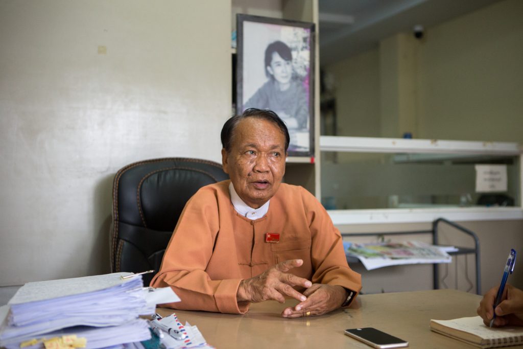 Monywa U Aung Shin, secretary of the NLD's Central Information Committee, speaks to Frontier in Yangon on August 3. (Thuya Zaw | Frontier)