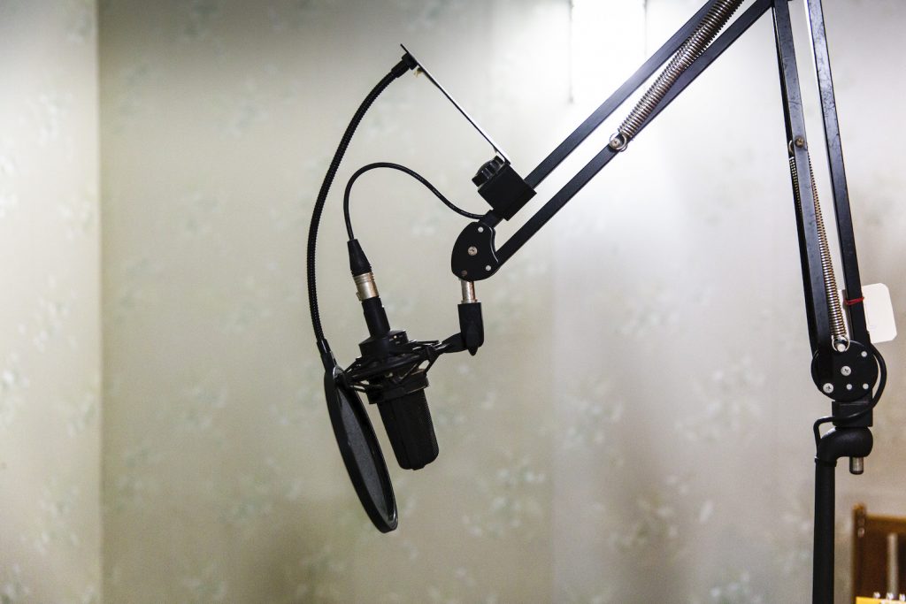 A radio microphone stands ready to record at the City FM radio station in Yangon on June 9. (Hkun Lat)