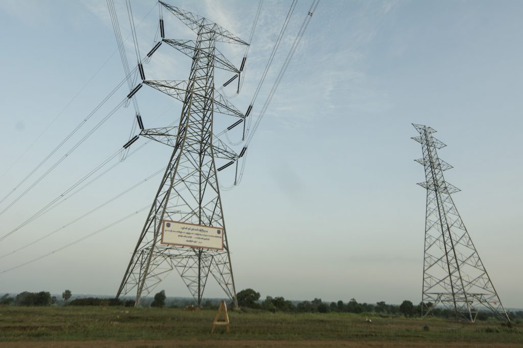 A 500 kilovolt transmission line at Meiktila in Mandalay Region. Most of the 30 proposed solar power projects are in central Myanmar, where solar irradiance is high. (Teza Hlaing | Frontier)