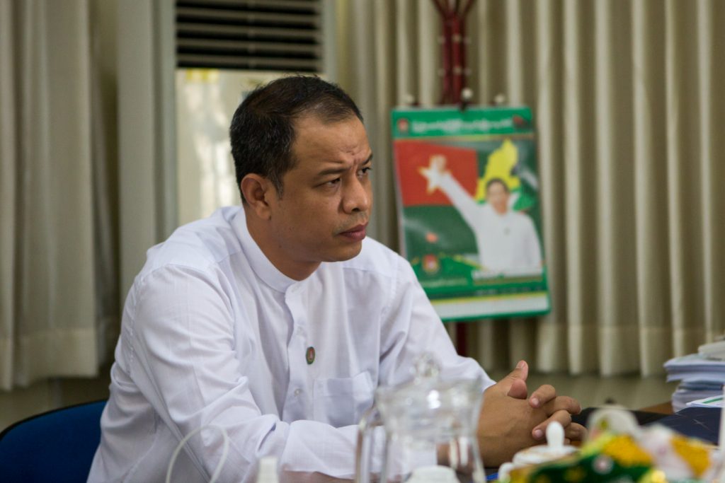 USDP spokesperson Dr Nanda Hla Myint speaks with Frontier on July 24 at the party's headquarters in Nay Pyi Taw. (Thuya Zaw)
