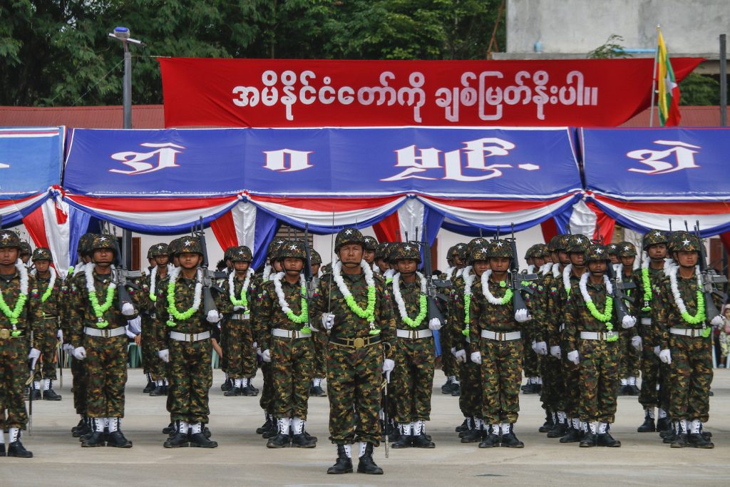 Soldiers from the Kayin State Border Guard Force parade a ceremony in August 2019. (Nyein Su Wai Kyaw Soe | Frontier)