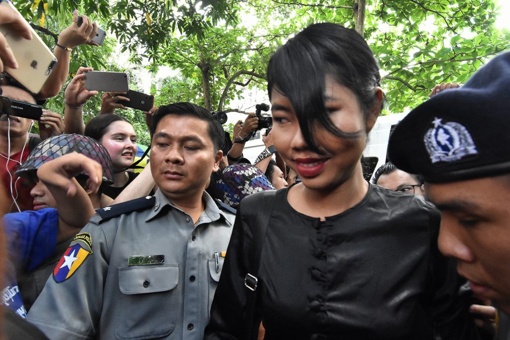 Peacock Generation member Ma Kay Khaing Tun leaves court on October 30, 2019, after being sentenced to one year imprisonment for a traditional 'thangyat' performance. (Steve Tickner | Frontier)