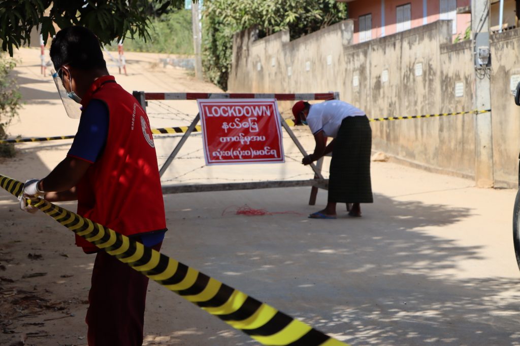 A street in Tachileik is blocked off after being linked to a COVID-19 cluster. (Nyan Linn Htet | Frontier)