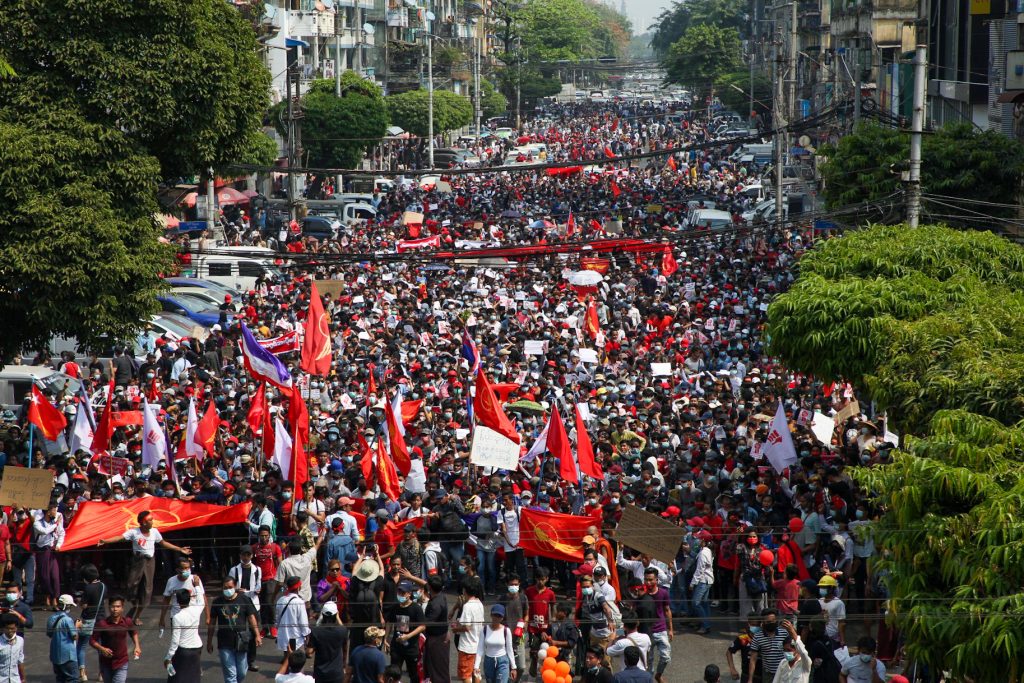 Tens of thousands of marchers from across the city converged near downtown Yangon's Sule Pagoda Saturday in protest against the February 1 military coup, and to demand the release of State Counsellor Daw Aung San Suu Kyi and the resotration of representative government. (Frontier)