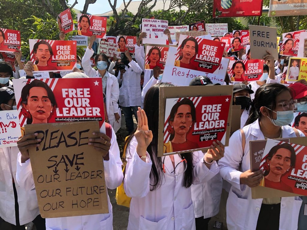 Health workers protest against military rule in front of the Chinese embassy in Yangon on February 12. (Frontier)