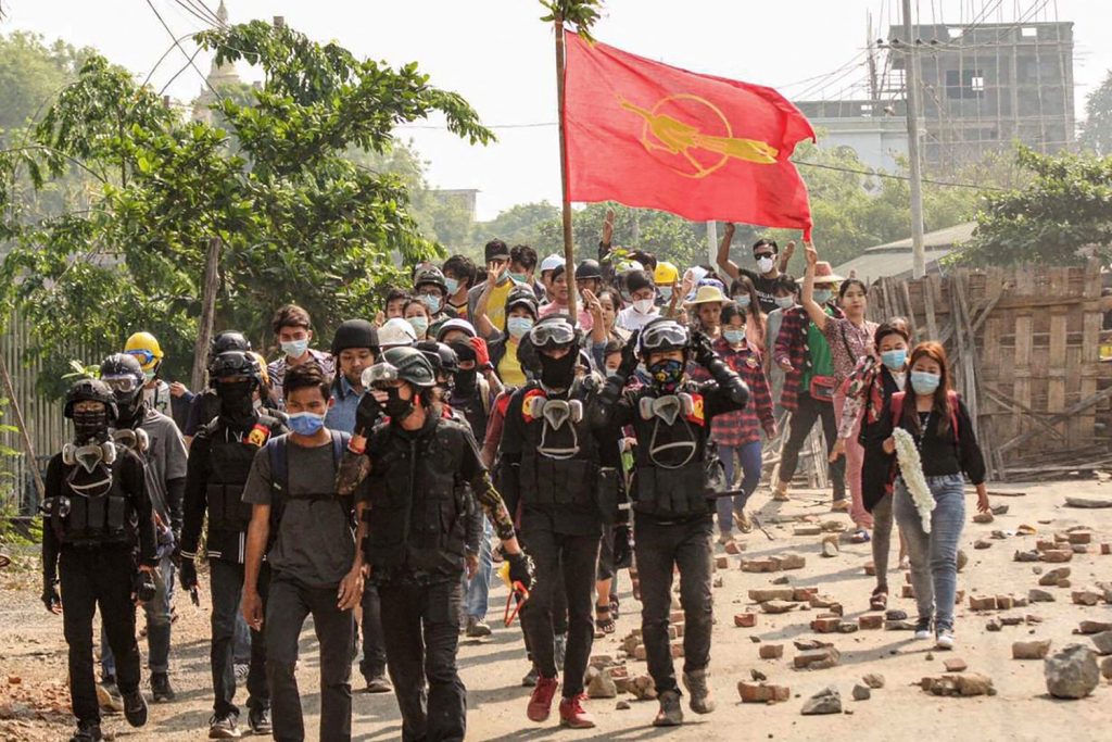 Residents of the Sagaing Region capital Monywa demonstrate against military rule on April 3. (Facebook / AFP)