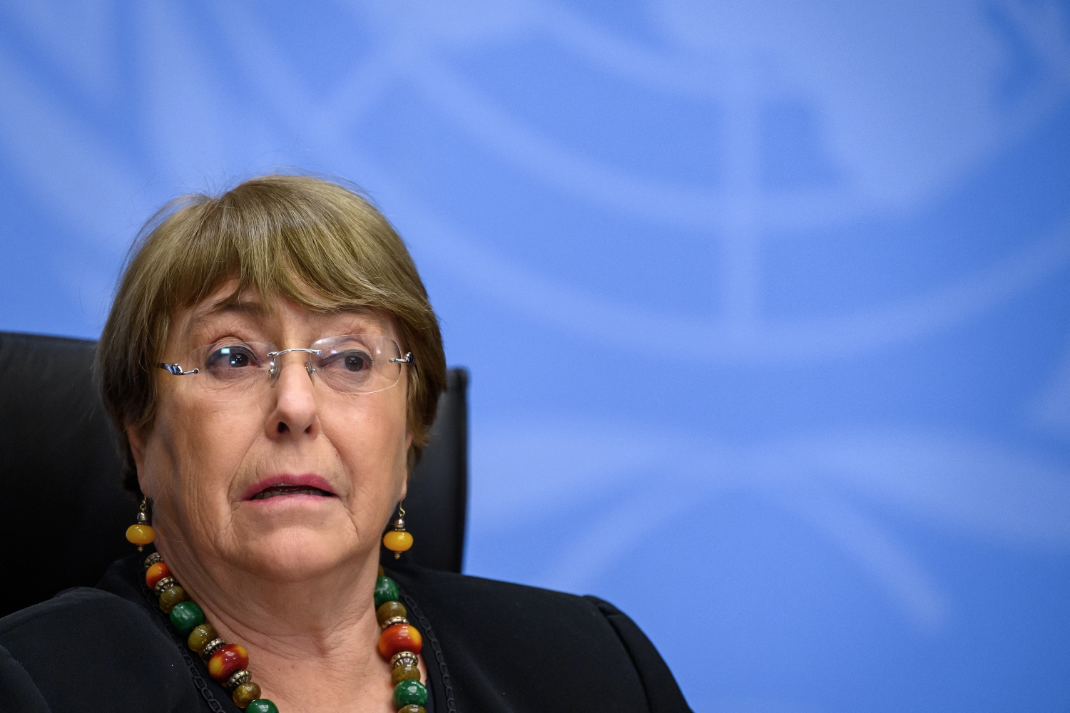 UN High Commissioner for Human Rights Michelle Bachelet looks on as she attends a press conference in Geneva. (AFP)