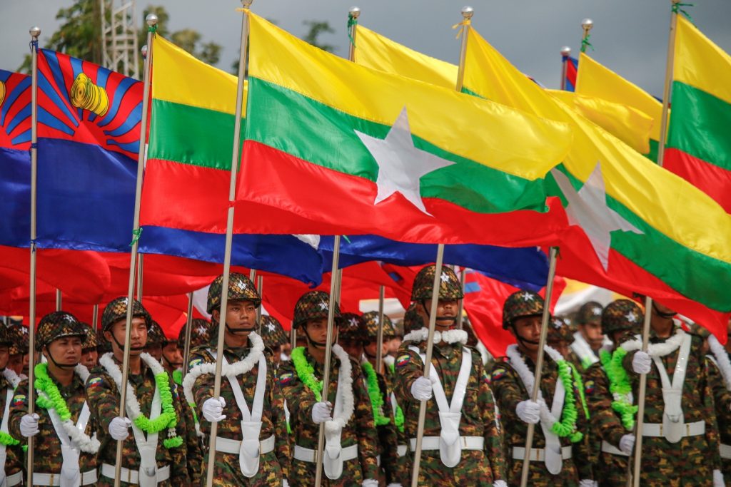 Soldiers of the Karen Border Guard Force parade in a ceremony at Shwe Kokko, in Kayin State’s Myawaddy Township, to mark the group’s ninth anniversary on August 20, 2019. (Frontier)