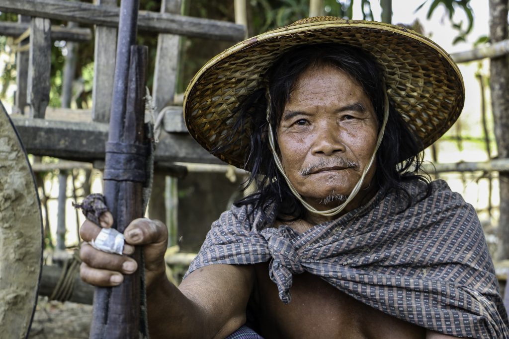 A member of a civilian defence force in Kani Township, Sagaing Region, holds his traditional tumi gun. (Frontier)