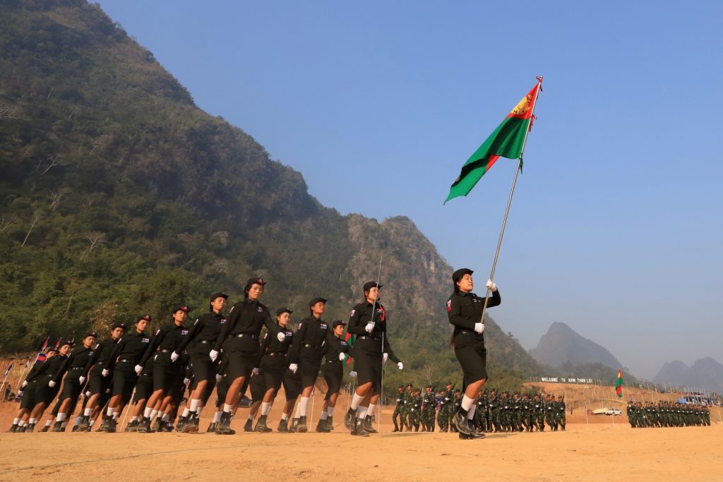 Karen National Liberation Army soldiers parade at a base near the Thai border to mark the 70th anniversary of the Karen Revolution on January 31, 2019. (KNU / AFP)