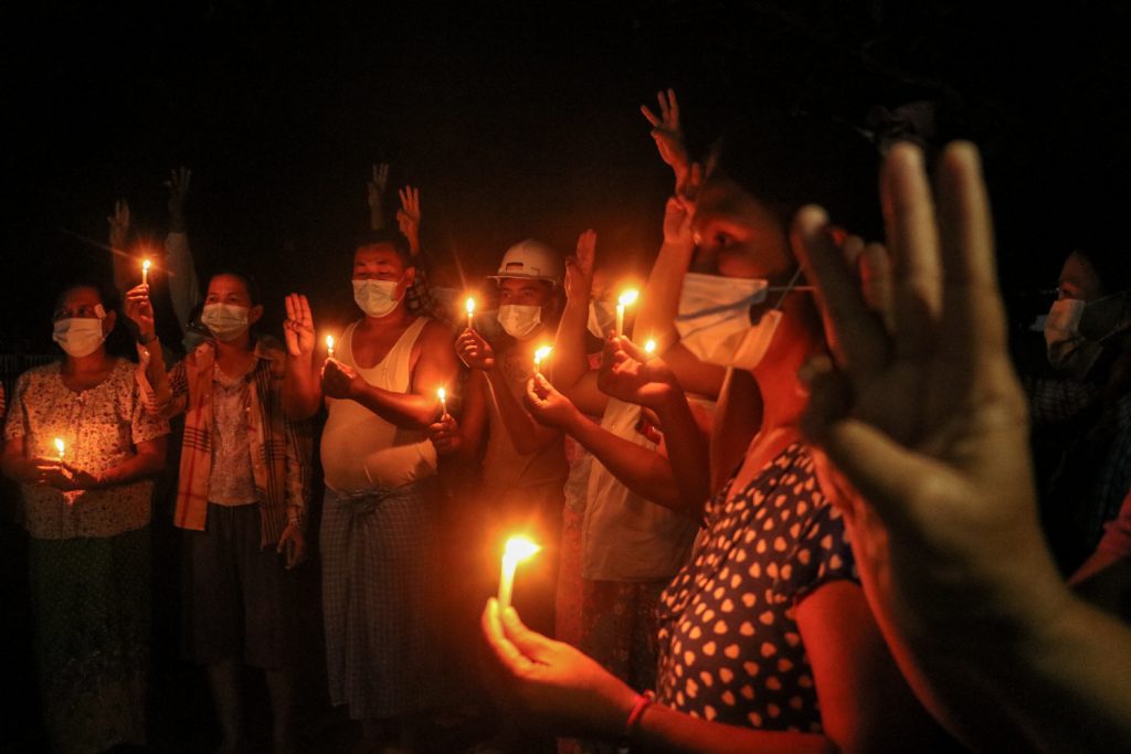 Residents of Aung Chan Thar ward in Monywa gather for an evening protest against the military regime in early May. (Frontier)