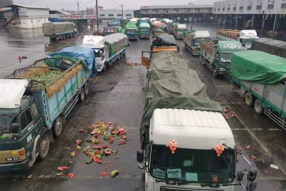 Trucks carrying watermelons at the Myanmar-China border in Muse. (Supplied)