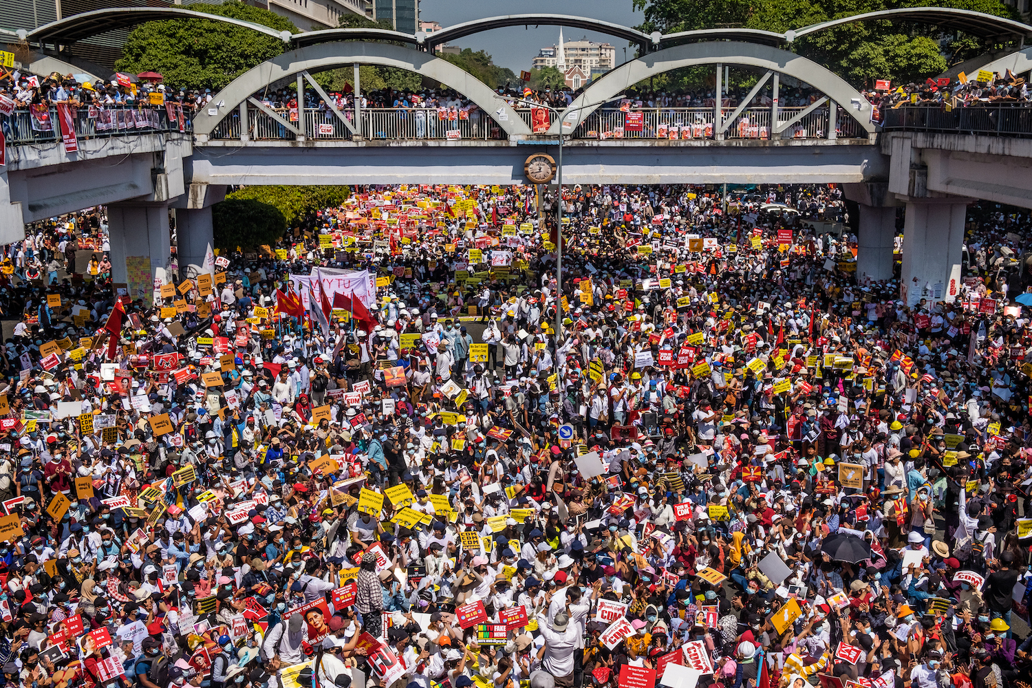 Hundreds of thousands turn out to protest against the coup at Sule Square in downtown Yangon on February 17, 2021.