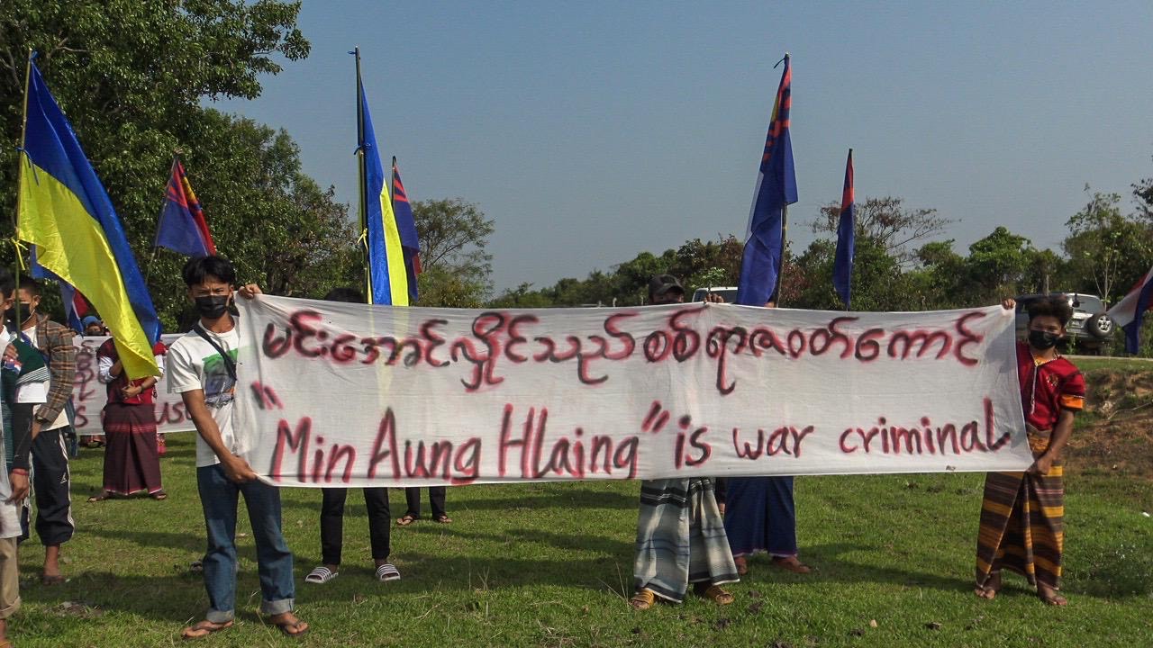 Villagers in Kayin State, which has been terrorised by military airstrikes, protest against the Myanmar military and Russia's invasion of Ukraine. (Free Burma Rangers)