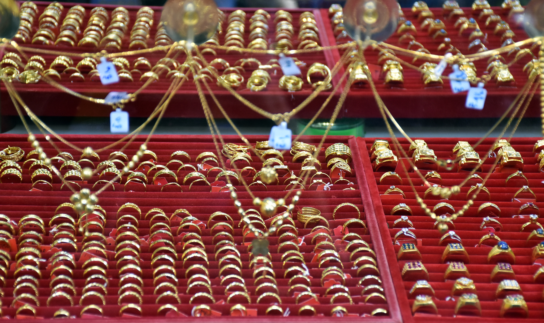 Wares pictured at a gold shop in Yangon in June of this year. (Frontier)