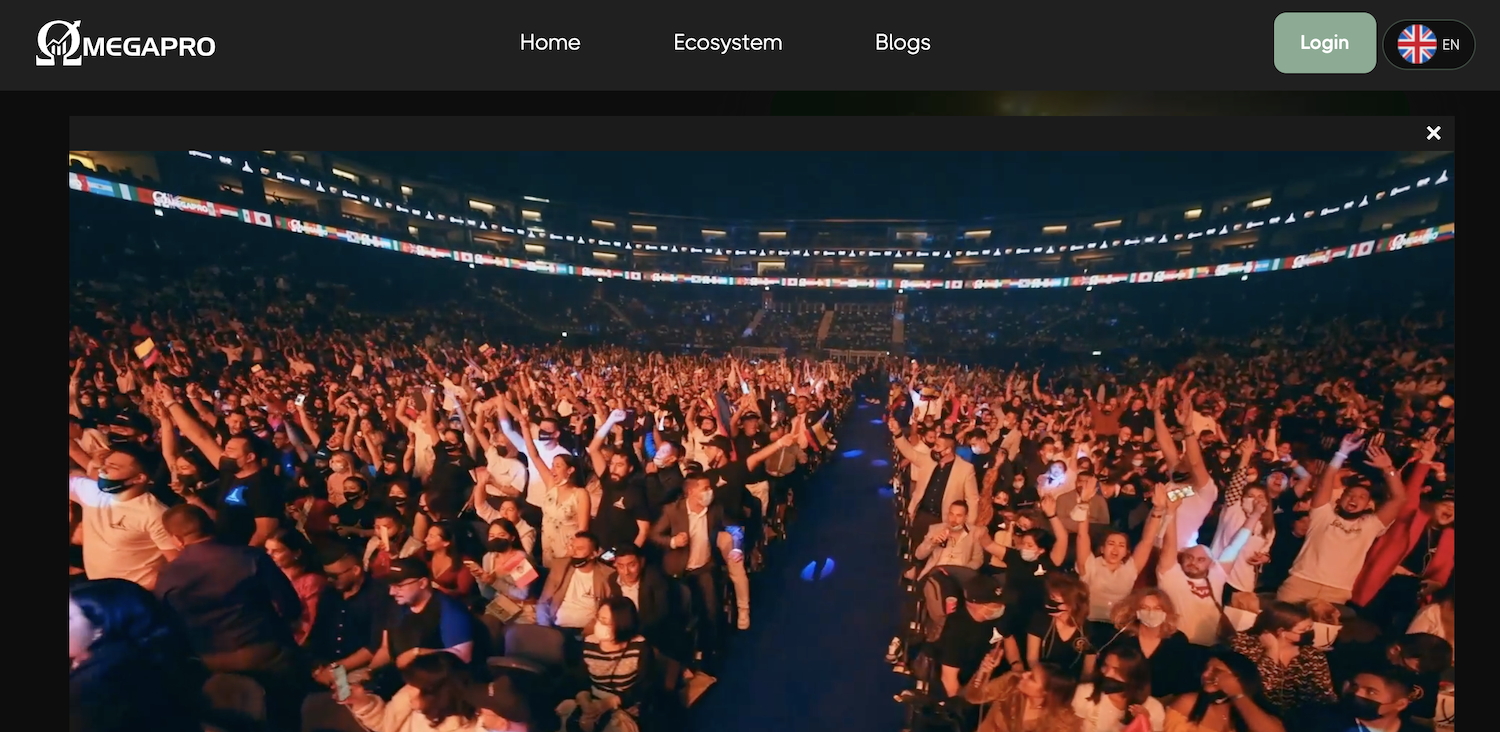 A screenshot from the OmegaPro website, showing a crowd of supporters celebrating wildly. (Frontier)