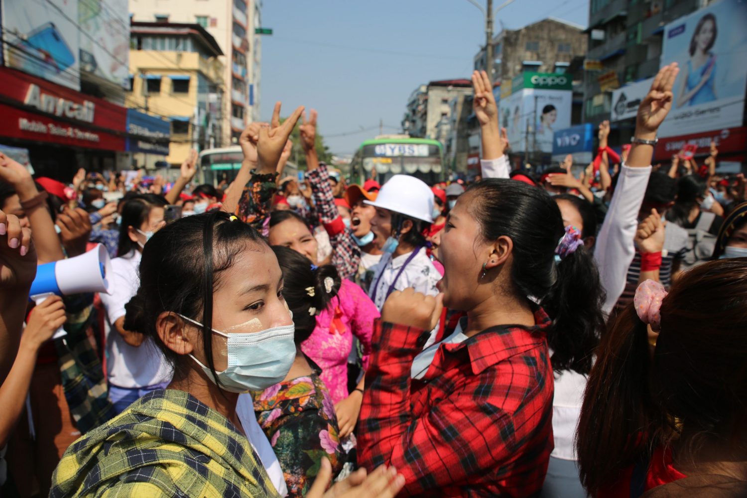 Garment workers protest against the military days after the coup in February 2021. (Frontier)