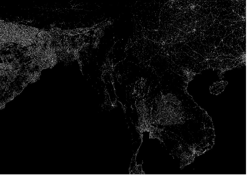 Imagery from the National Oceanic and Atmospheric Administration in May 2022, showing the relative lack of electricity in Myanmar compared to its neighbours.