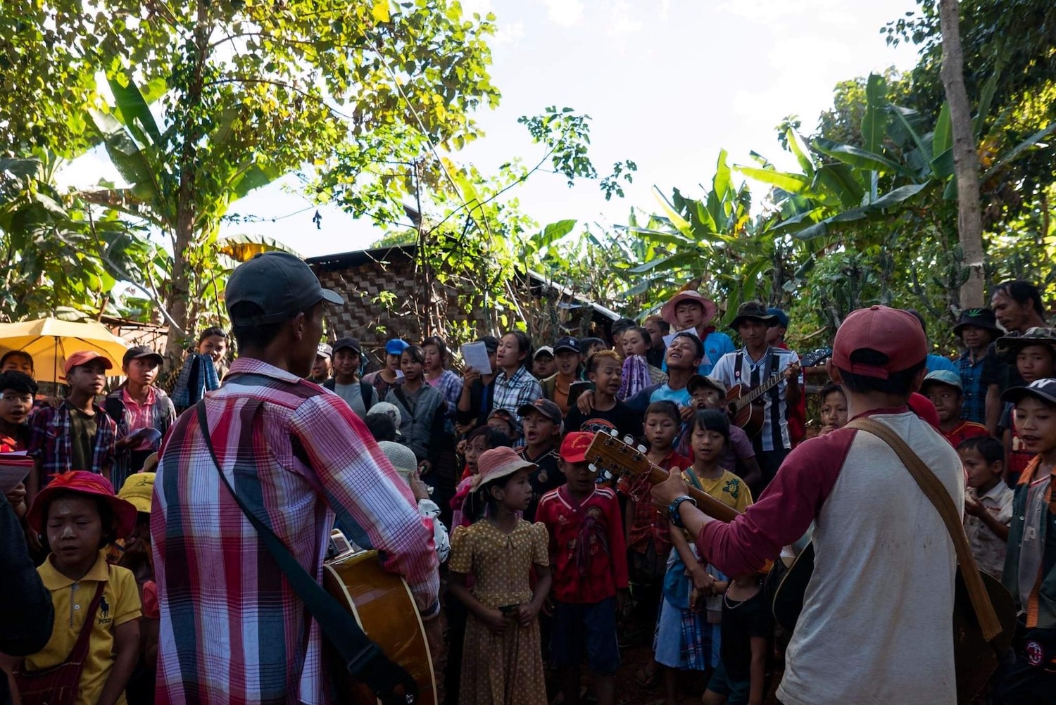 Villagers sing Christmas songs at a camp for people displaced by conflict in Kayah State. (Mar Naw | Frontier)