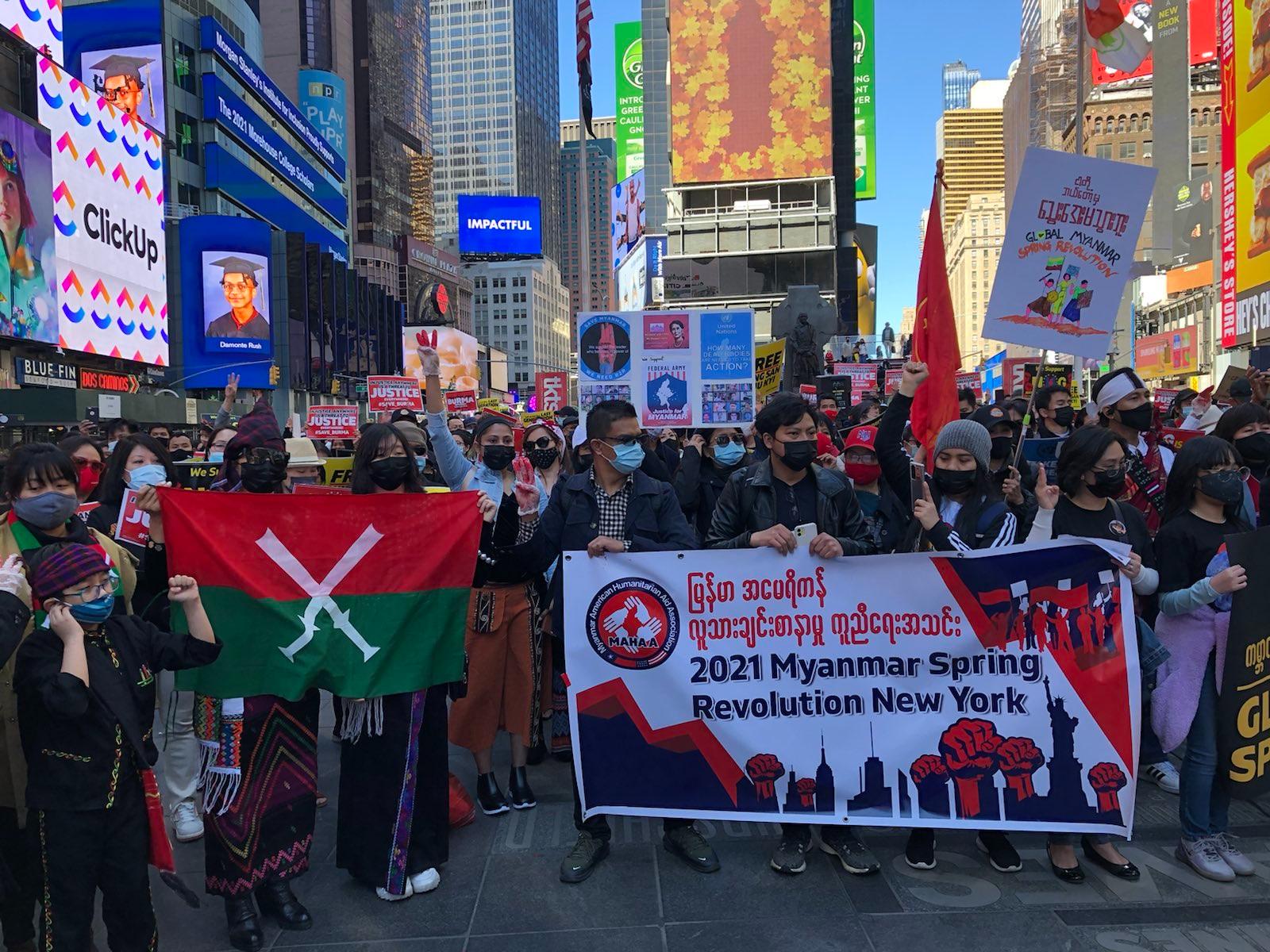 Members of the Myanmar diaspora protest in New York City's Times Square in May 2021. (Frontier)