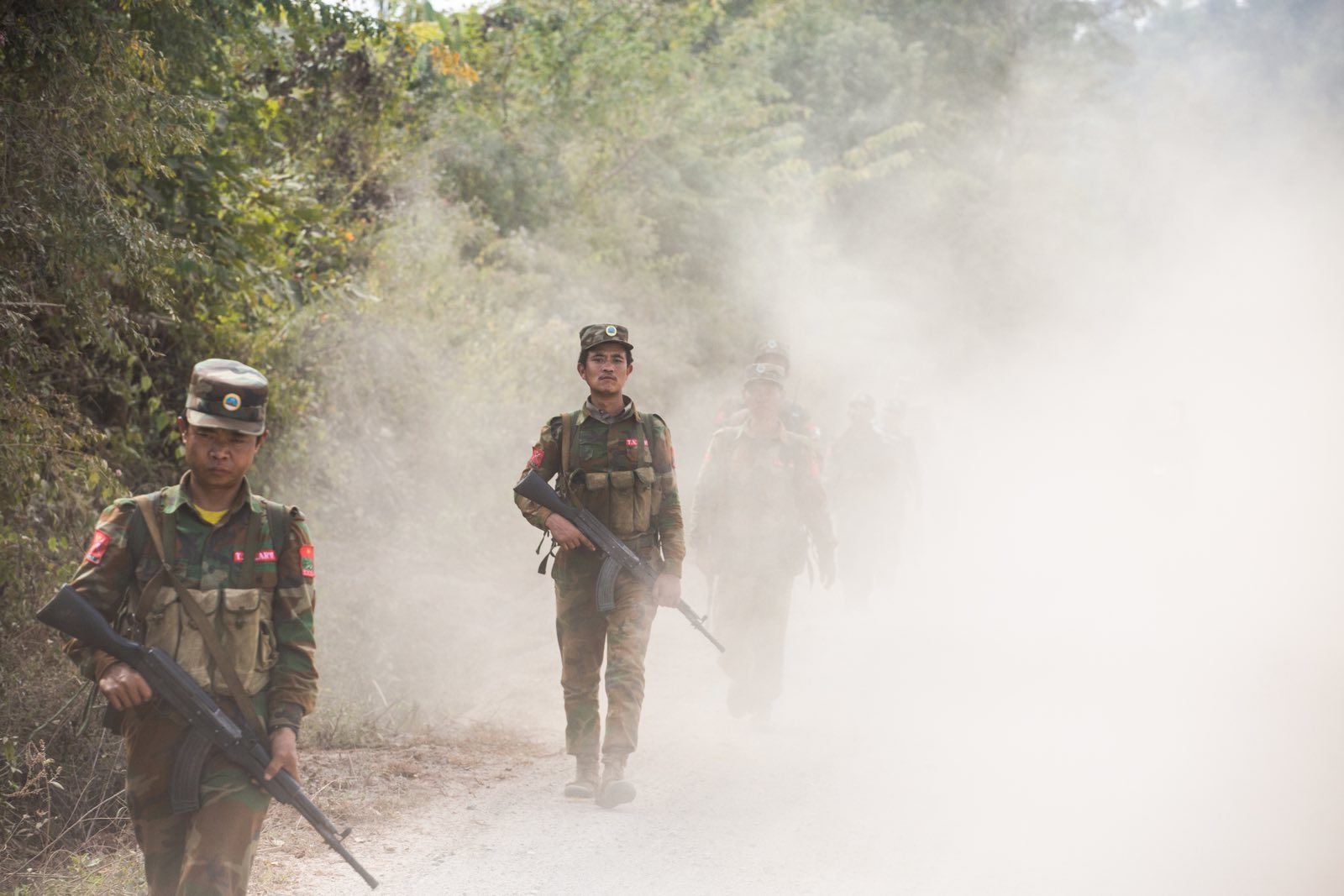 In January last year, TNLA soldiers patrol territory newly seized from the RCSS. (Mar Naw | Frontier)