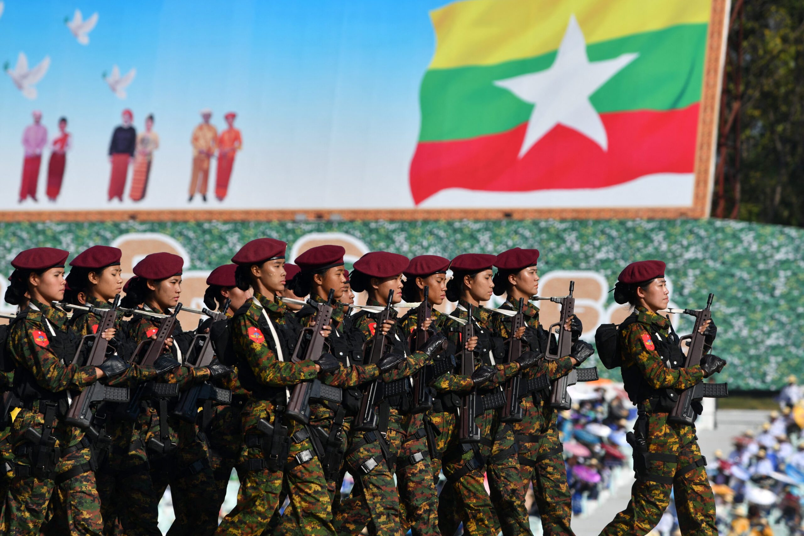 Members of the Myanmar military march at a parade ground to mark the country's Independence Day in Nay Pyi Taw on January 4, 2023. (AFP)